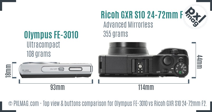 Olympus FE-3010 vs Ricoh GXR S10 24-72mm F2.5-4.4 VC top view buttons comparison
