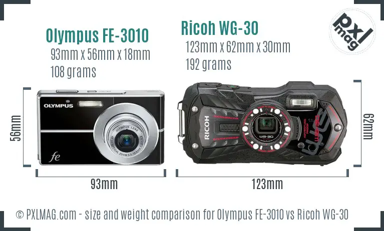 Olympus FE-3010 vs Ricoh WG-30 size comparison