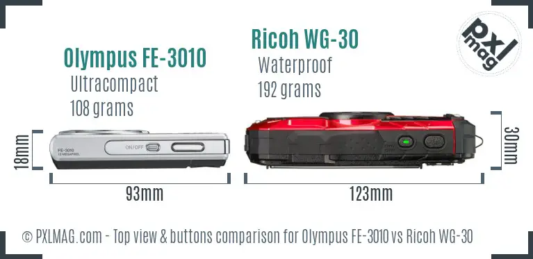 Olympus FE-3010 vs Ricoh WG-30 top view buttons comparison