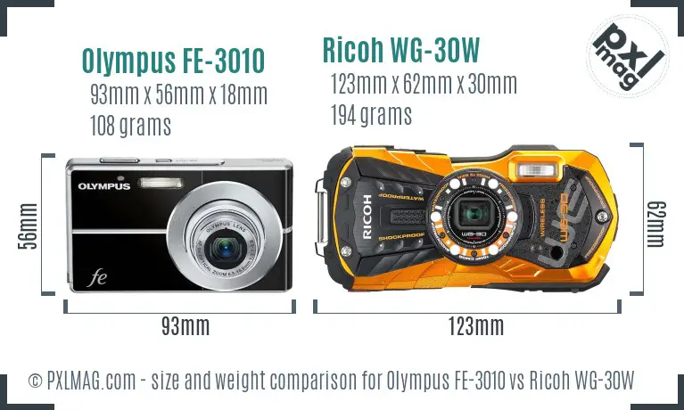 Olympus FE-3010 vs Ricoh WG-30W size comparison