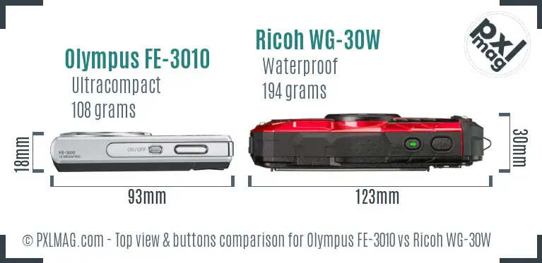 Olympus FE-3010 vs Ricoh WG-30W top view buttons comparison