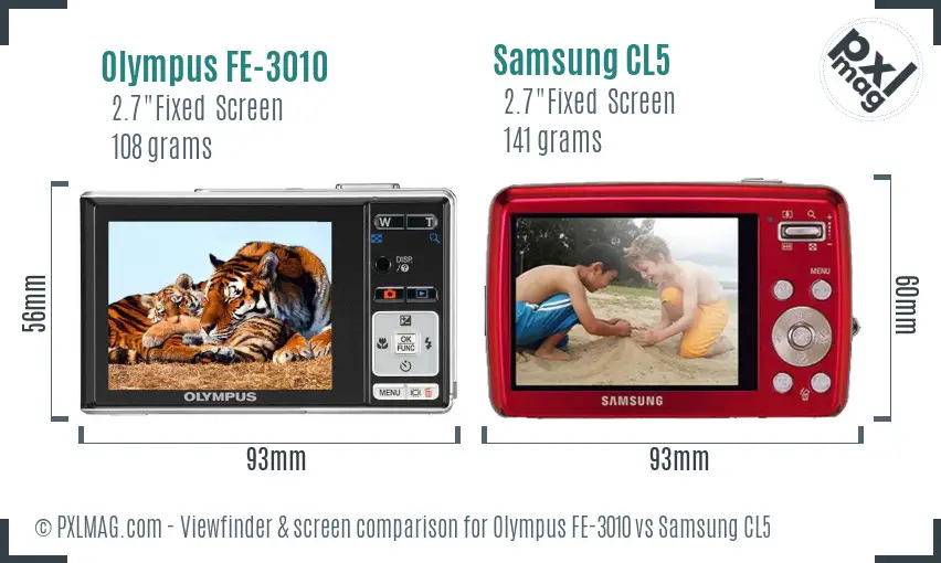 Olympus FE-3010 vs Samsung CL5 Screen and Viewfinder comparison