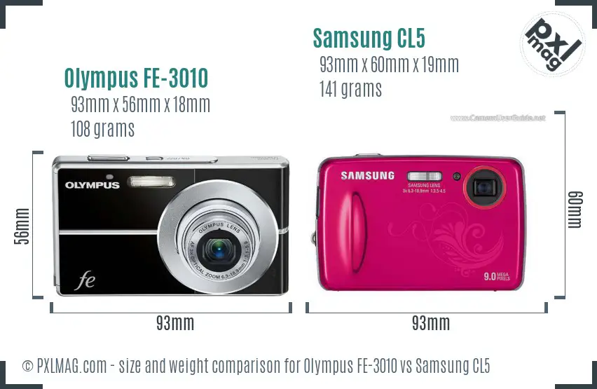 Olympus FE-3010 vs Samsung CL5 size comparison