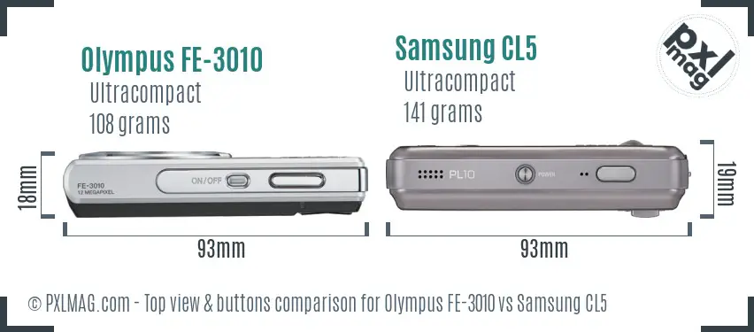 Olympus FE-3010 vs Samsung CL5 top view buttons comparison