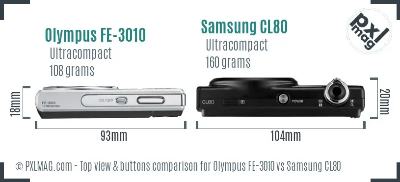Olympus FE-3010 vs Samsung CL80 top view buttons comparison
