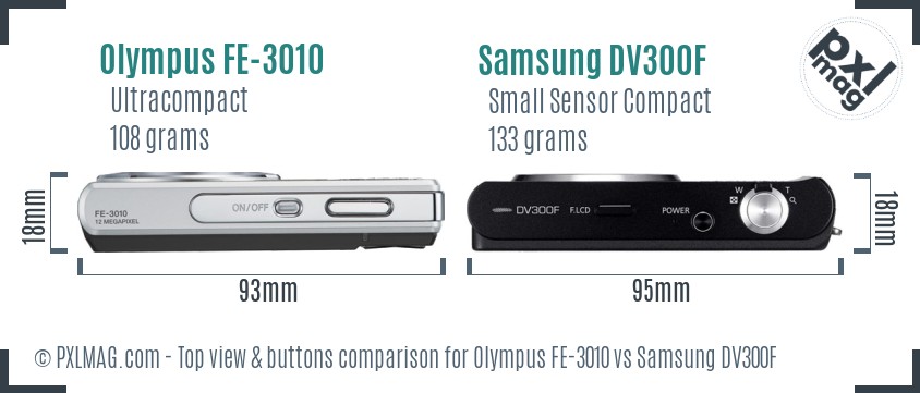Olympus FE-3010 vs Samsung DV300F top view buttons comparison