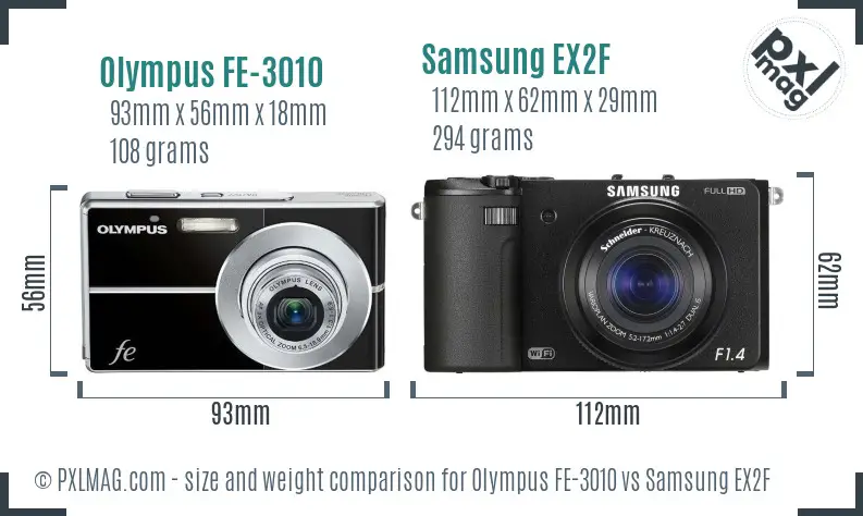 Olympus FE-3010 vs Samsung EX2F size comparison