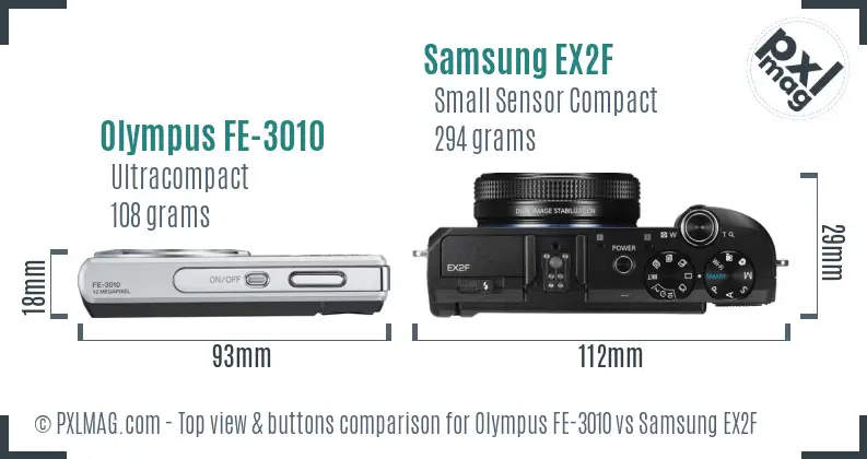 Olympus FE-3010 vs Samsung EX2F top view buttons comparison