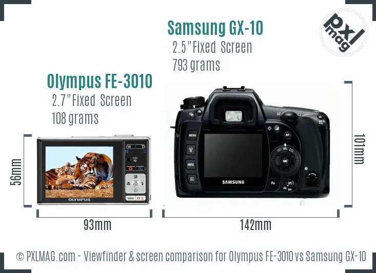 Olympus FE-3010 vs Samsung GX-10 Screen and Viewfinder comparison