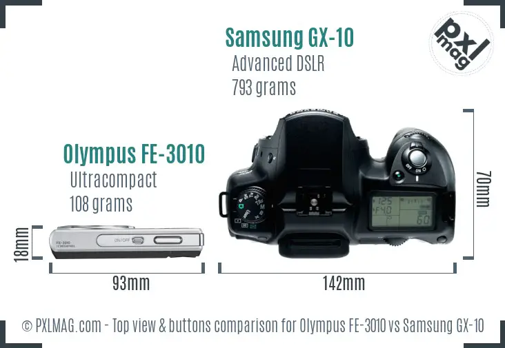 Olympus FE-3010 vs Samsung GX-10 top view buttons comparison