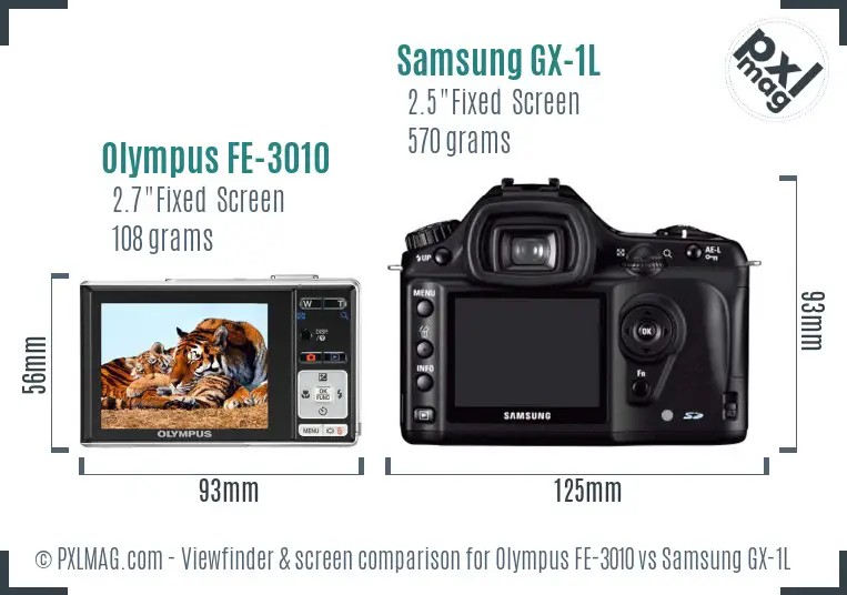 Olympus FE-3010 vs Samsung GX-1L Screen and Viewfinder comparison Olympus FE-3010 vs Samsung GX-1L Screen and Viewfinder comparison