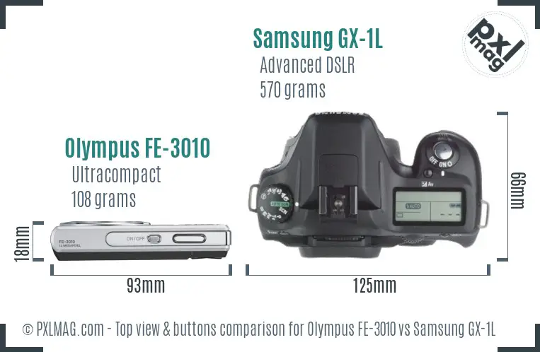 Olympus FE-3010 vs Samsung GX-1L top view buttons comparison Olympus FE-3010 vs Samsung GX-1L top view buttons comparison