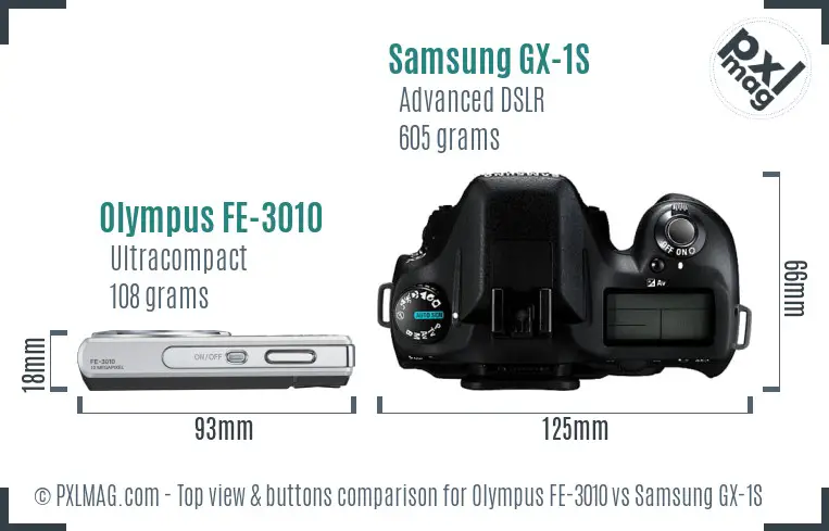 Olympus FE-3010 vs Samsung GX-1S top view buttons comparison