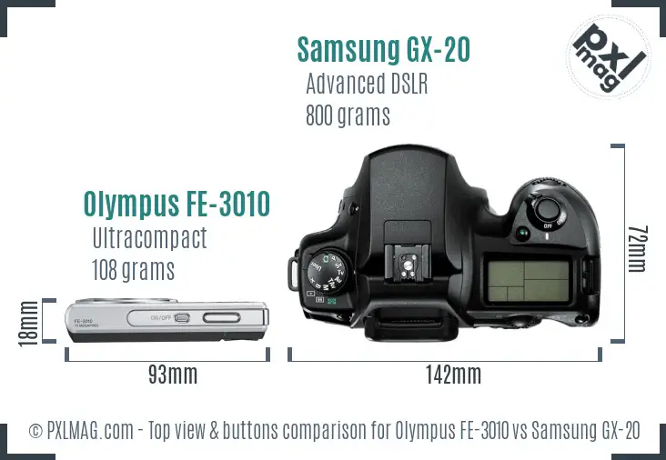 Olympus FE-3010 vs Samsung GX-20 top view buttons comparison Olympus FE-3010 vs Samsung GX-20 top view buttons comparison