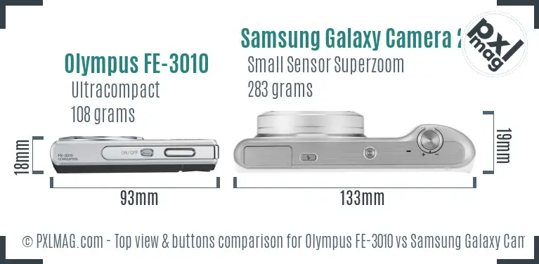 Olympus FE-3010 vs Samsung Galaxy Camera 2 top view buttons comparison