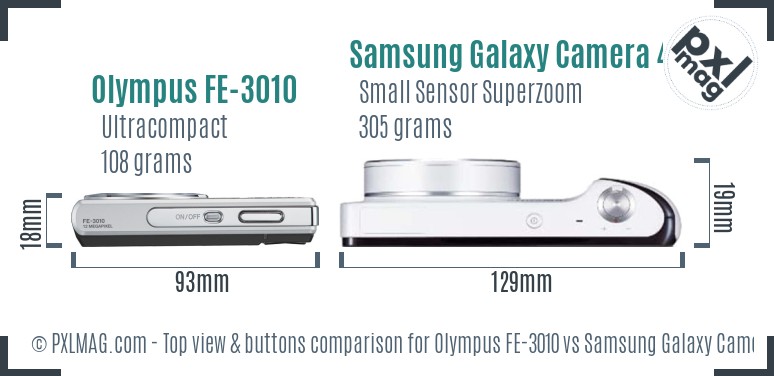 Olympus FE-3010 vs Samsung Galaxy Camera 4G top view buttons comparison