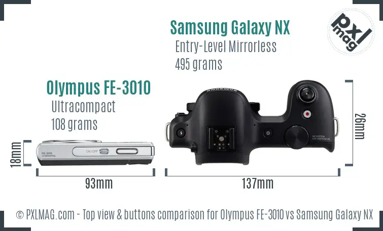 Olympus FE-3010 vs Samsung Galaxy NX top view buttons comparison