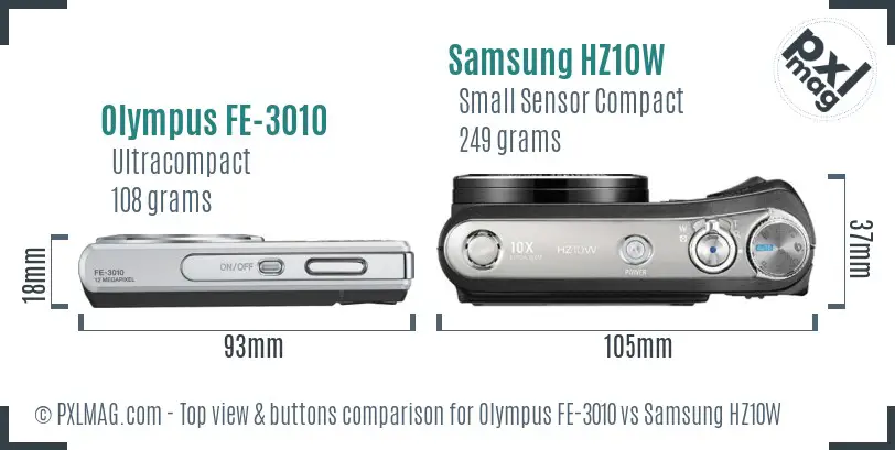 Olympus FE-3010 vs Samsung HZ10W top view buttons comparison Olympus FE-3010 vs Samsung HZ10W top view buttons comparison