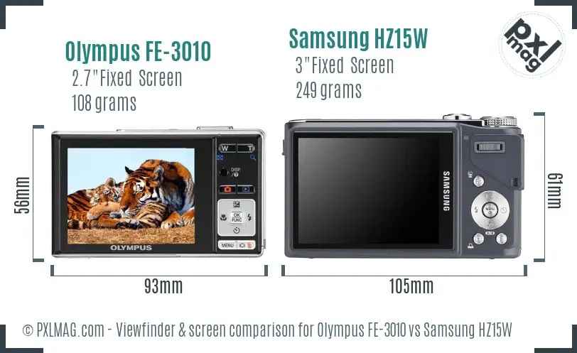 Olympus FE-3010 vs Samsung HZ15W Screen and Viewfinder comparison