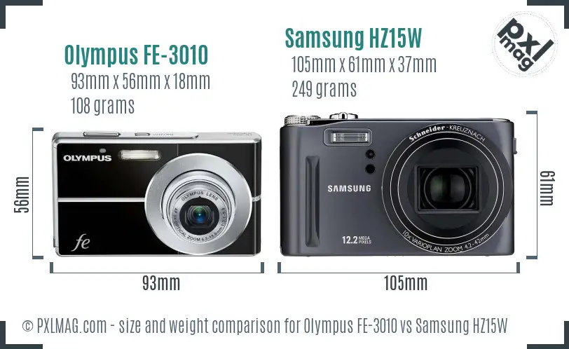 Olympus FE-3010 vs Samsung HZ15W size comparison