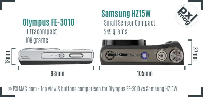 Olympus FE-3010 vs Samsung HZ15W top view buttons comparison