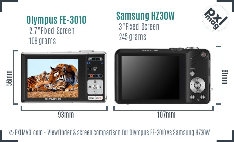 Olympus FE-3010 vs Samsung HZ30W Screen and Viewfinder comparison