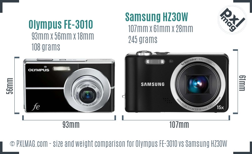 Olympus FE-3010 vs Samsung HZ30W size comparison Olympus FE-3010 vs Samsung HZ30W size comparison