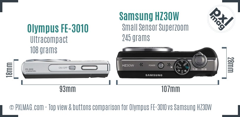 Olympus FE-3010 vs Samsung HZ30W top view buttons comparison