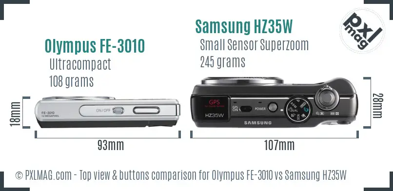 Olympus FE-3010 vs Samsung HZ35W top view buttons comparison