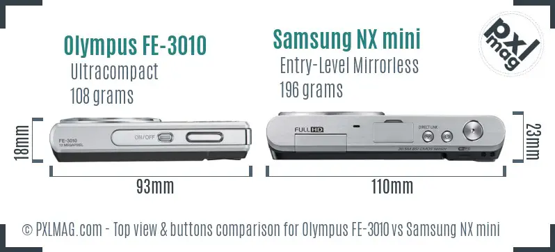 Olympus FE-3010 vs Samsung NX mini top view buttons comparison Olympus FE-3010 vs Samsung NX mini top view buttons comparison