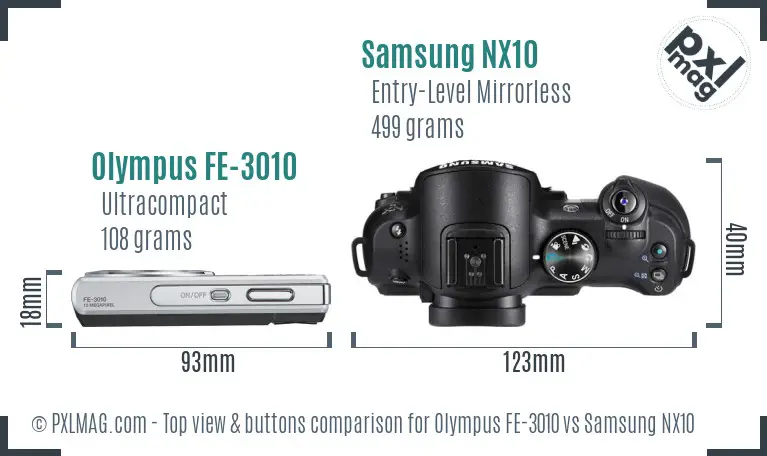 Olympus FE-3010 vs Samsung NX10 top view buttons comparison