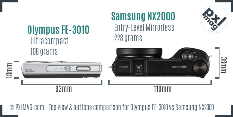 Olympus FE-3010 vs Samsung NX2000 top view buttons comparison