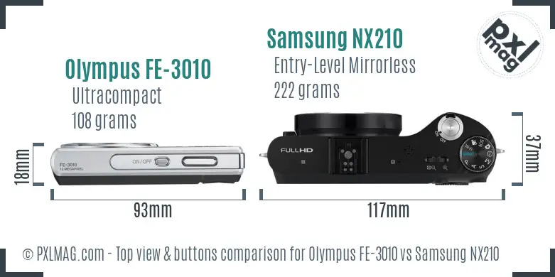 Olympus FE-3010 vs Samsung NX210 top view buttons comparison