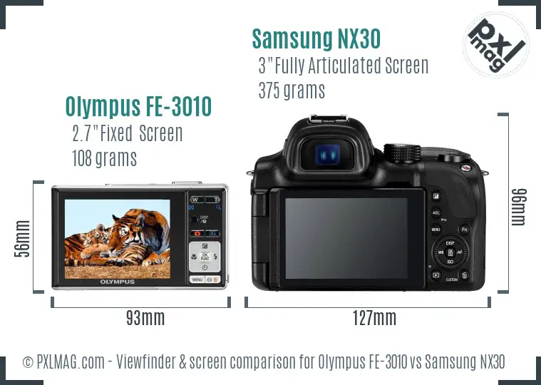 Olympus FE-3010 vs Samsung NX30 Screen and Viewfinder comparison