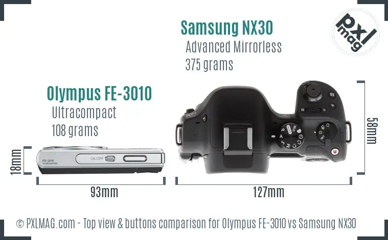Olympus FE-3010 vs Samsung NX30 top view buttons comparison