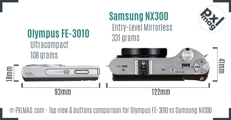 Olympus FE-3010 vs Samsung NX300 top view buttons comparison