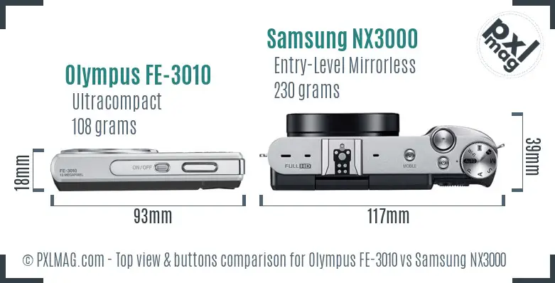 Olympus FE-3010 vs Samsung NX3000 top view buttons comparison Olympus FE-3010 vs Samsung NX3000 top view buttons comparison