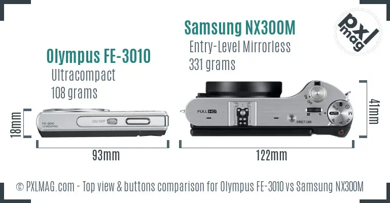 Olympus FE-3010 vs Samsung NX300M top view buttons comparison
