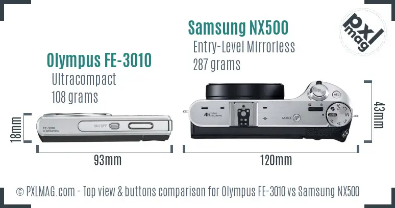 Olympus FE-3010 vs Samsung NX500 top view buttons comparison