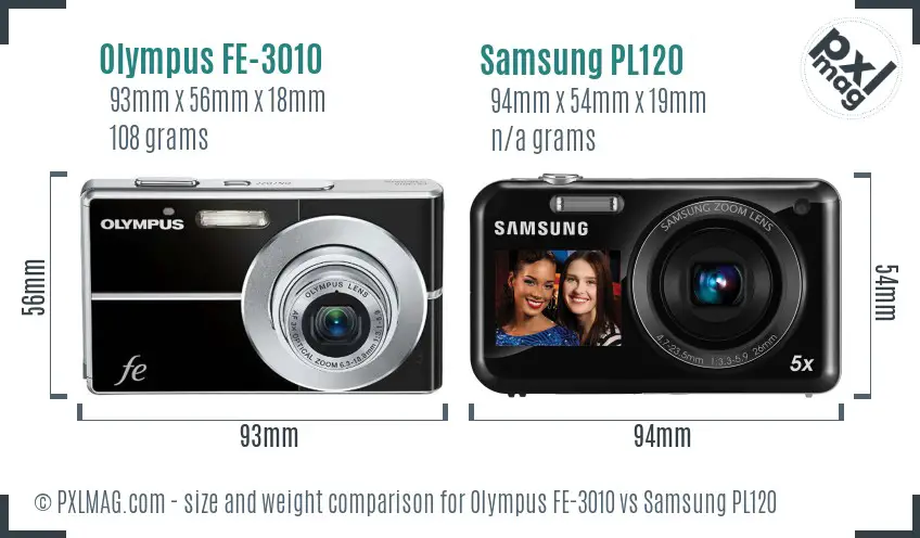 Olympus FE-3010 vs Samsung PL120 size comparison