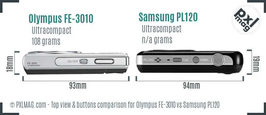 Olympus FE-3010 vs Samsung PL120 top view buttons comparison