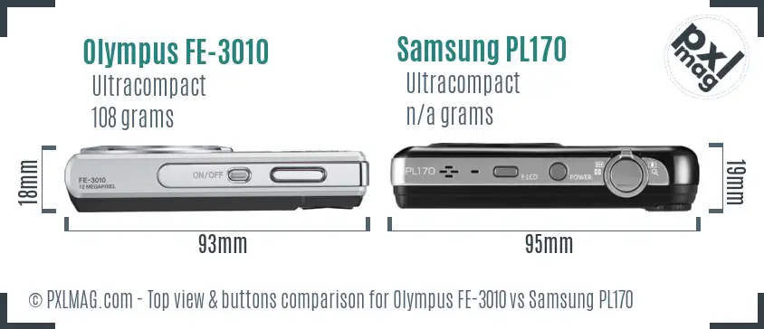 Olympus FE-3010 vs Samsung PL170 top view buttons comparison