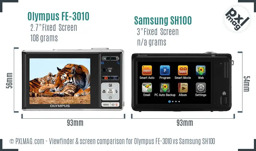 Olympus FE-3010 vs Samsung SH100 Screen and Viewfinder comparison