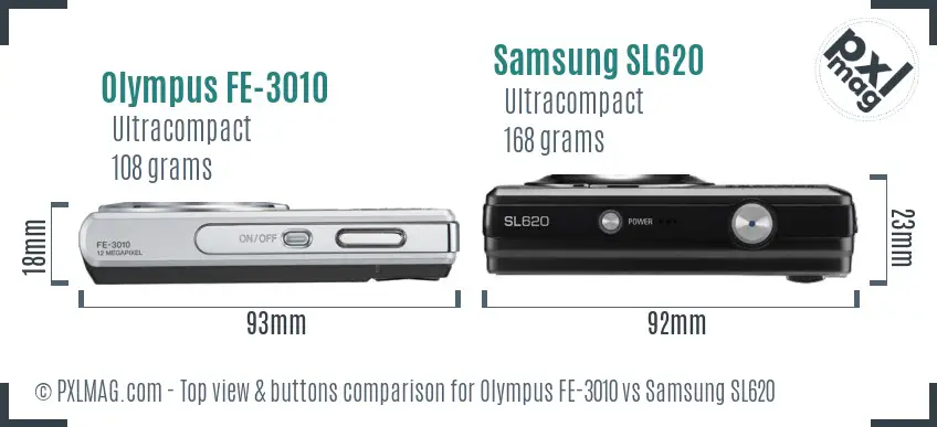 Olympus FE-3010 vs Samsung SL620 top view buttons comparison