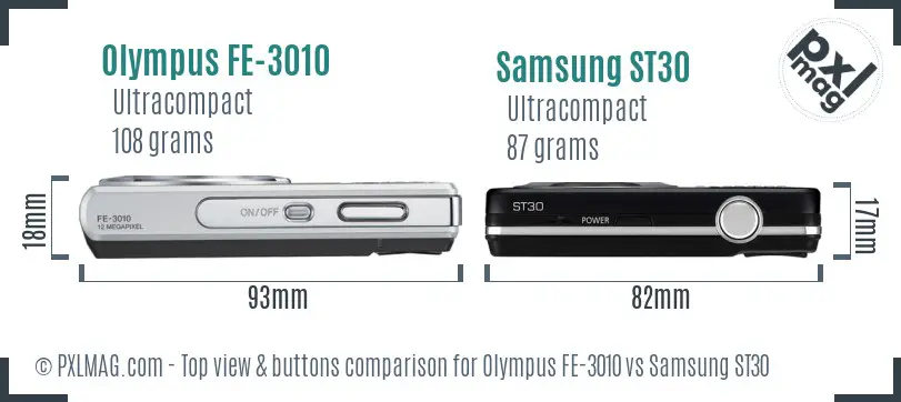 Olympus FE-3010 vs Samsung ST30 top view buttons comparison Olympus FE-3010 vs Samsung ST30 top view buttons comparison