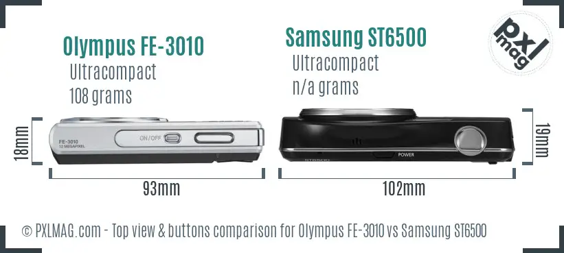 Olympus FE-3010 vs Samsung ST6500 top view buttons comparison Olympus FE-3010 vs Samsung ST6500 top view buttons comparison
