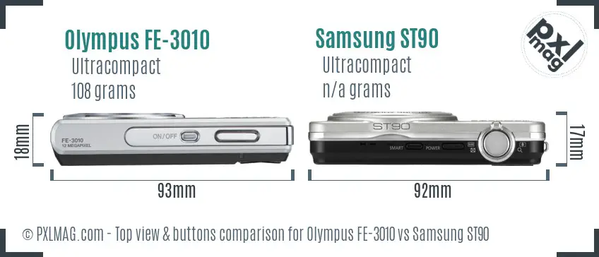 Olympus FE-3010 vs Samsung ST90 top view buttons comparison