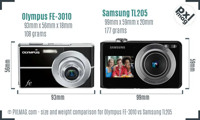 Olympus FE-3010 vs Samsung TL205 size comparison