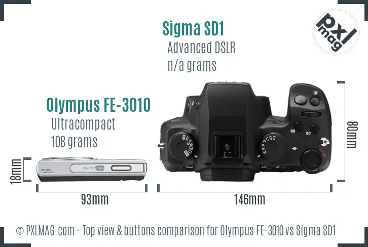 Olympus FE-3010 vs Sigma SD1 top view buttons comparison