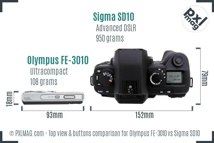 Olympus FE-3010 vs Sigma SD10 top view buttons comparison